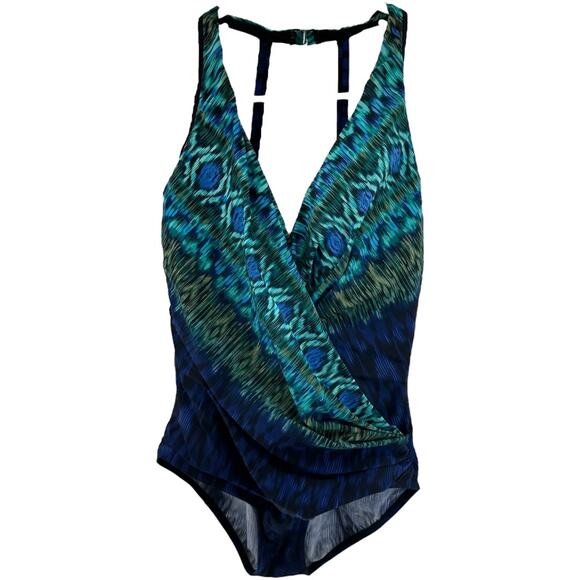 Miraclesuit Alhambra Wrapsody Tummy Control One-Piece Swimsuit Plunging Blue 14 - Picture 2 of 7